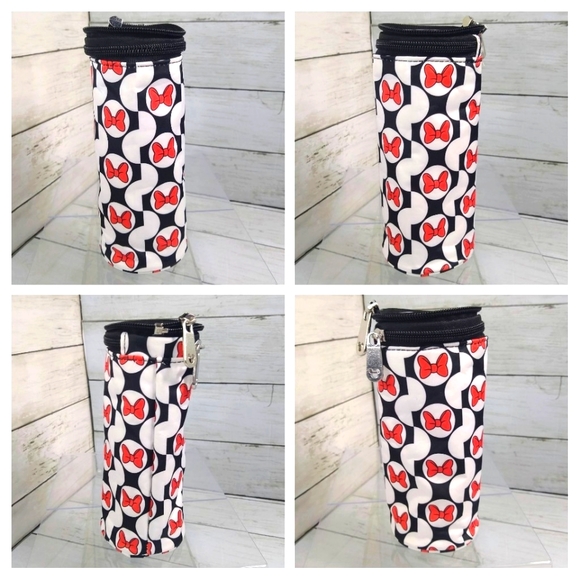 Disney Baby: Red Black White Baby Bottle Bag Minnie Bow Pattern (8"t x 3.5"w) - Picture 2 of 6